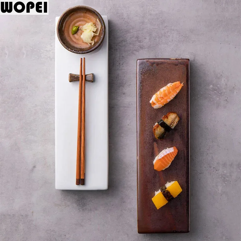 Kiln Changes Porcelain Sushi Plate Rectangular Plate Dim Sum Dessert Plate Molecular Cuisine Display Plates Restaurant Tableware
