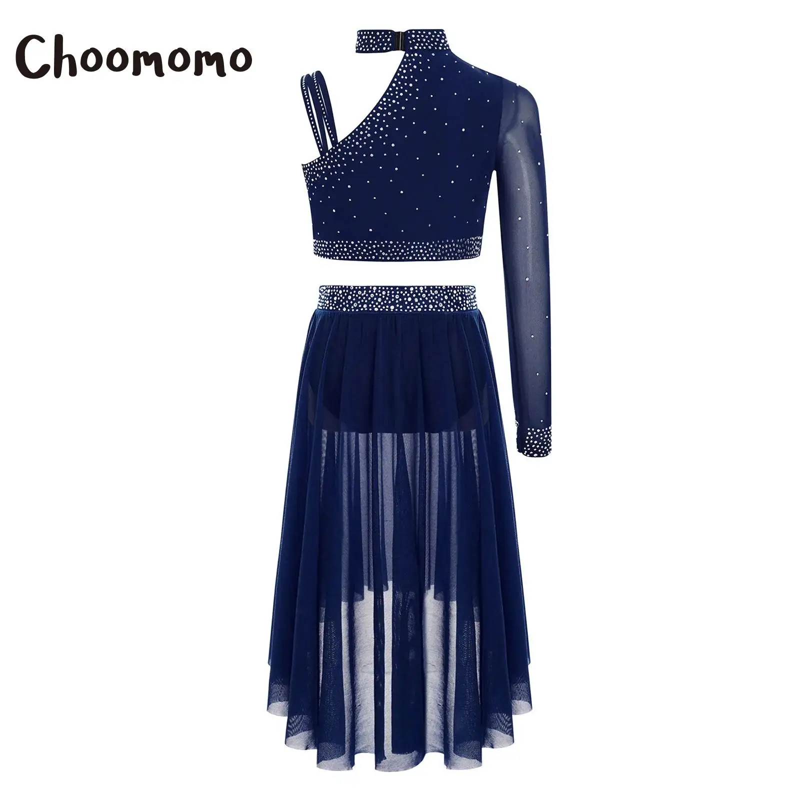 

Girls Lyrical Dance Set Rhinestone Tops One Shoulder Crop Tops with Side Slit Irregular Mesh Skirt Modern Contemporary Dancewear