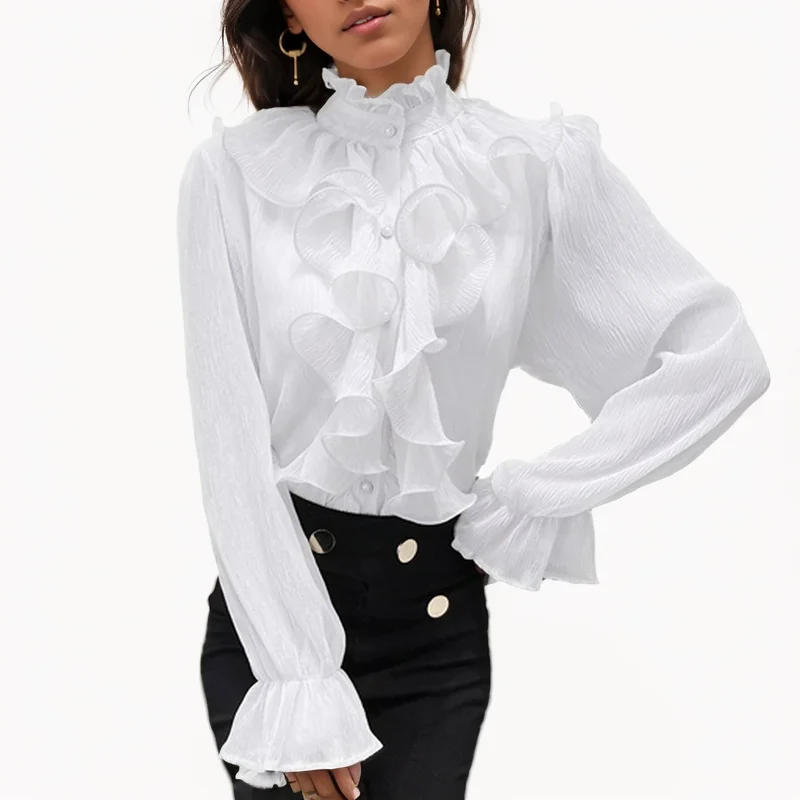 Autumn Vintage Ruffles Clothes Lace Blouse Women Spring Stand Collar White Chiffon Shirt Long Puff Sleeve Loose Tops Elegant