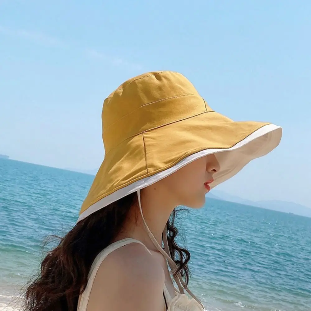 

Broad-edged Double-sided Wear Fisherman's Hat Soft Foldable Bucket Hat Versatile Removable Windproof Rope Women Sun Cap Beach