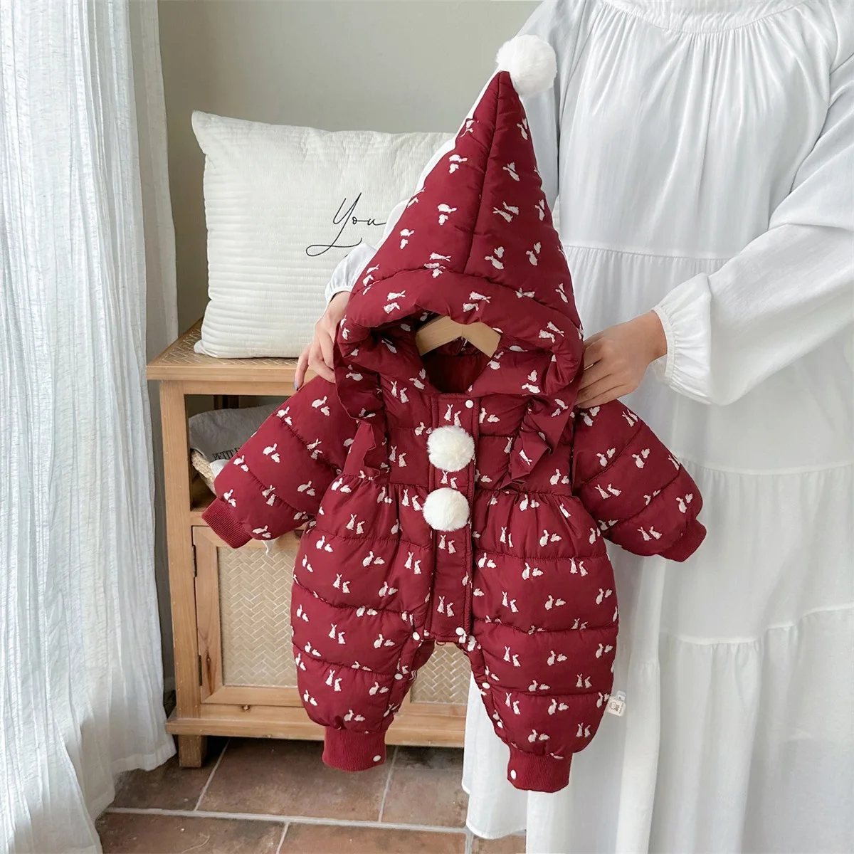 

Хлопковый комбинезон с кроликом Thiened, детская одежда, зимнее красное хлопковое пальто для девочек, новогодняя одежда с высокой талией, теплая