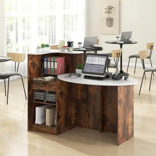 Reception Desk with Lockable Drawer & Adjustable Shelf, Front Counter with Oval Tabletop, Retail Register Stand, Office