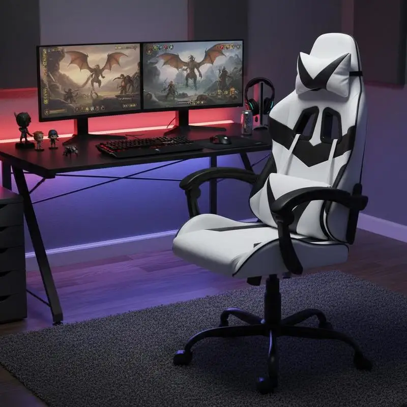 Chaise de jeu ergonomique avec fonction inclinable, 360° °   Fauteuil pivotant et réglable en hauteur – Simili cuir de qualité supérieure, coussins de soutien lombaire et pour la tête