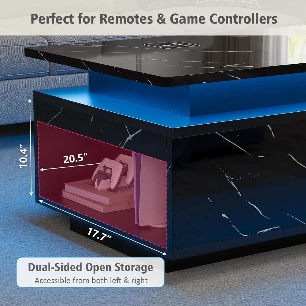 طاولة قهوة LED مع مساحة تخزين، طاولة قهوة سوداء مع شحن لاسلكي ومكبر صوت، شديدة اللمعان 24 بوصة #2