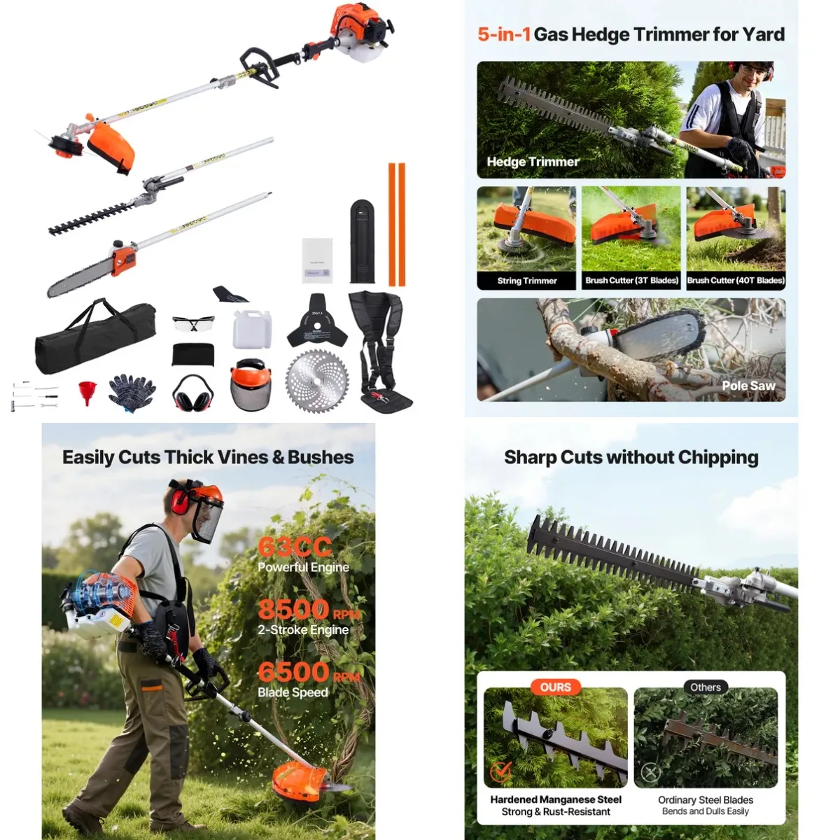 Gas Hedge Trimmer, 2 Cycle Gas Power Handheld Hedge Trimmer, 5-in-1 63cc Cordless Weed Eater with Protective Gear Set, Includes