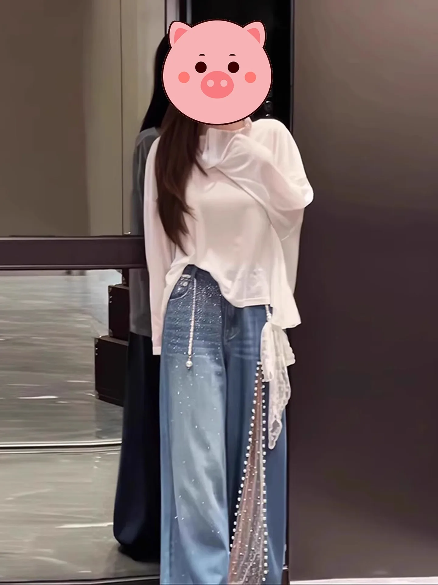 

Spring Season plus Size Women's Lace Backless Top And Denim Pants Set High Waist Loose Fit Long Sleeve Casual Fashionable