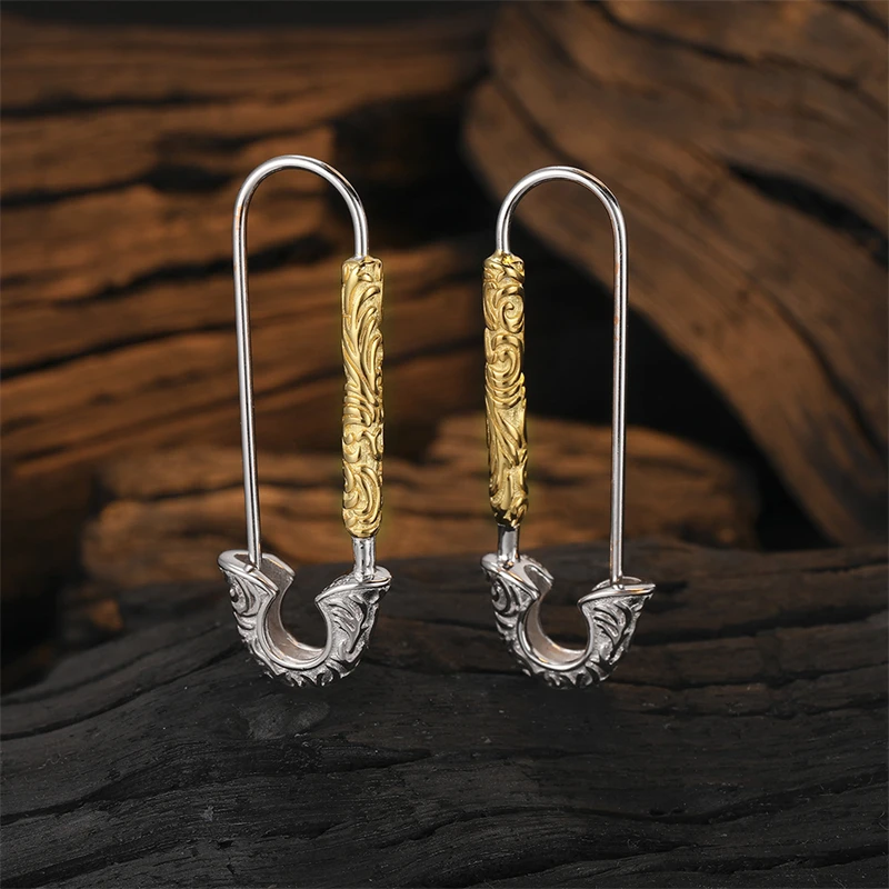 

925 Sterling Silver Vintage Tang Grass Textured Pin Ear Buckle Earrings for Women Fashion Drop Earrings Unique Design Jewelry