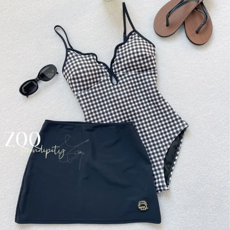 New Blue Plaid One-piece Swimsuit Women's Split Comes To A Two-level Piece Set Pure Desire Chest Pad Swimwear Outfits Summer