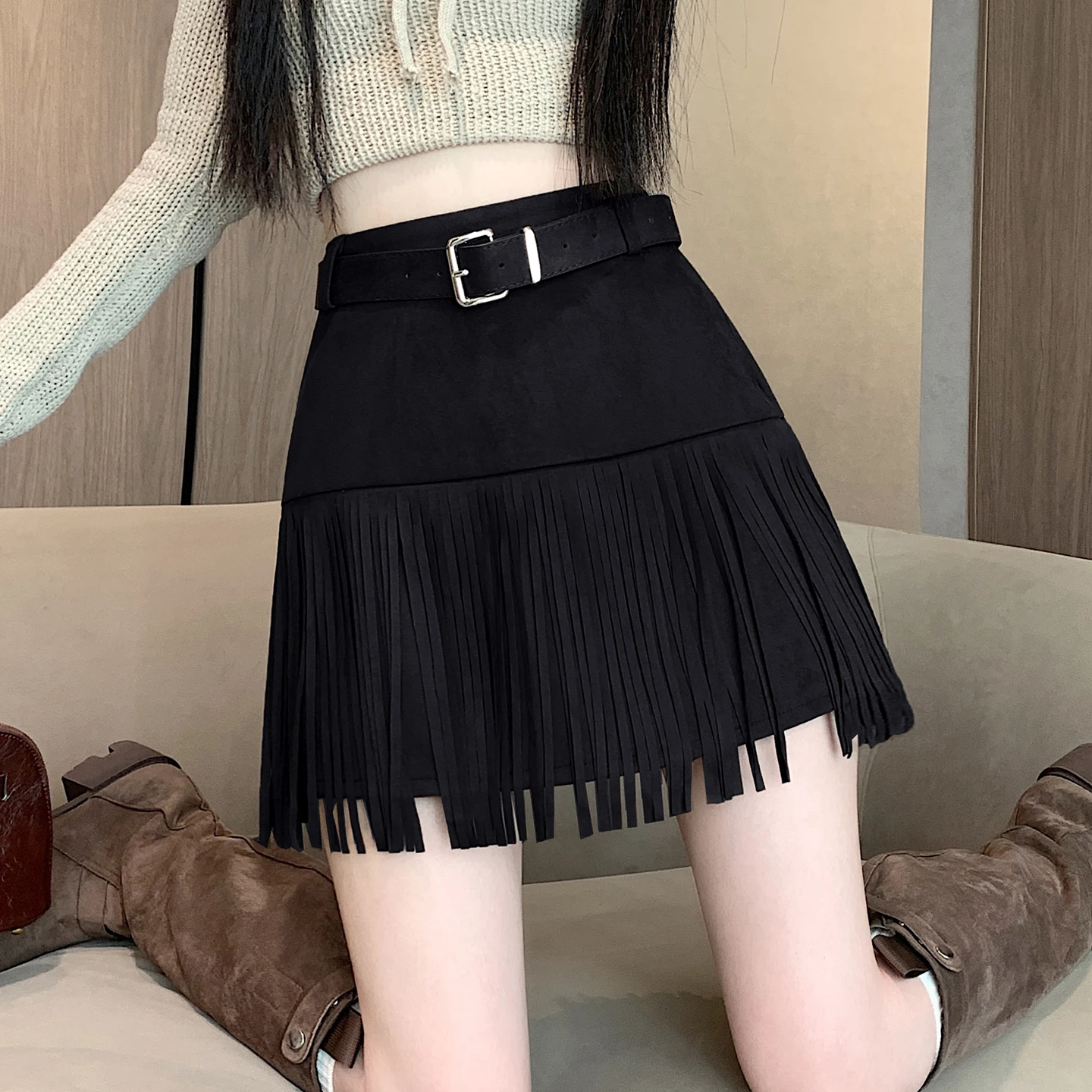 سيولش عالية الخصر خمر شرابة المخملية المرأة ألف خط التنانير الزنانير 2025 جديد الخريف الشتاء مثير التنانير الصغيرة المتزلج الإناث