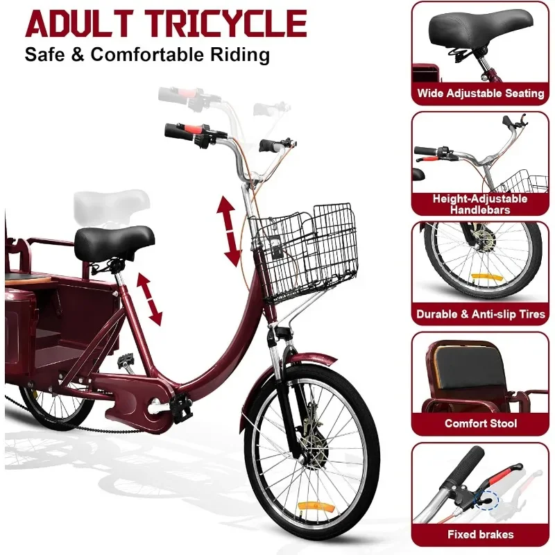 Adult Tricycle, 20 Inch 3-Wheel Bikes Carrying Passengers Seniors Men, Low Step-Through Cruiser Bike for Cycling, Outing, Picnic