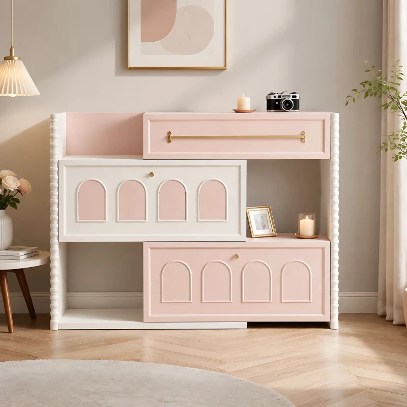 French cream style shoe cabinet with drawers storage cabinet arched decoration pink storage table household paint porch cabinet