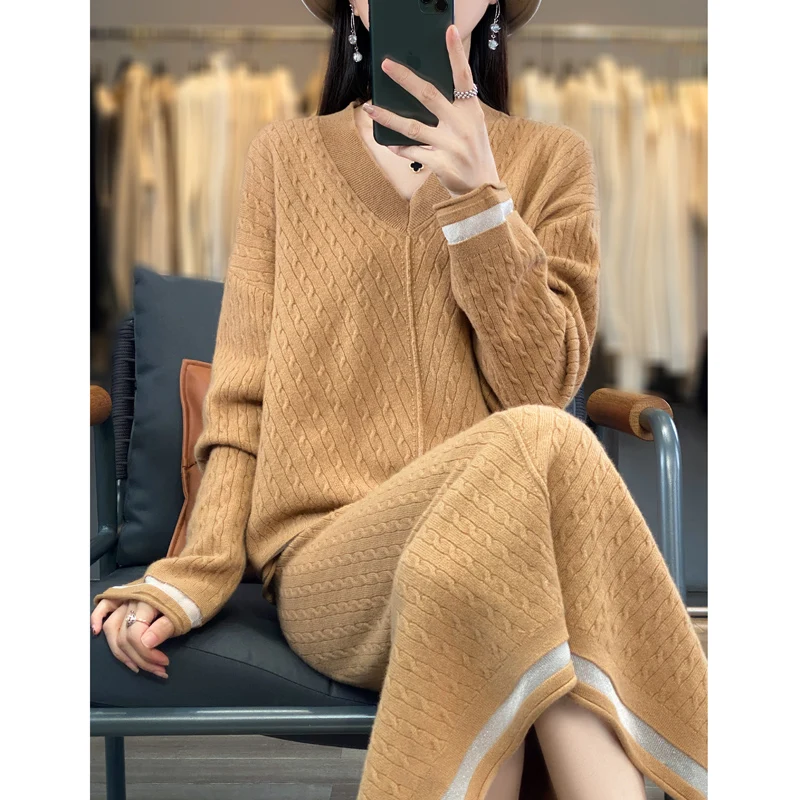 Women\'s New 100% Australian Wool Skirt Set V-Neck Long Sleeve Pullover Sweater Versatile Western Style Half Skirt Women\'s Set