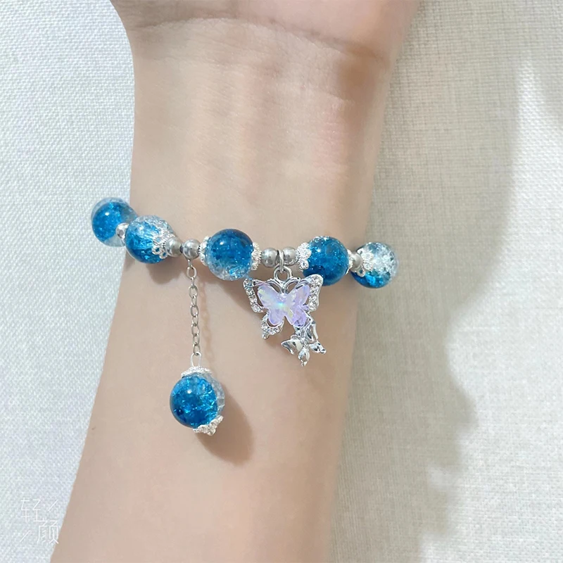 Crystal Butterfly Pendant Elastic Bracelet Colorful Glass Beads Bracelet For Women Girls Fashion Jewelry Gifts