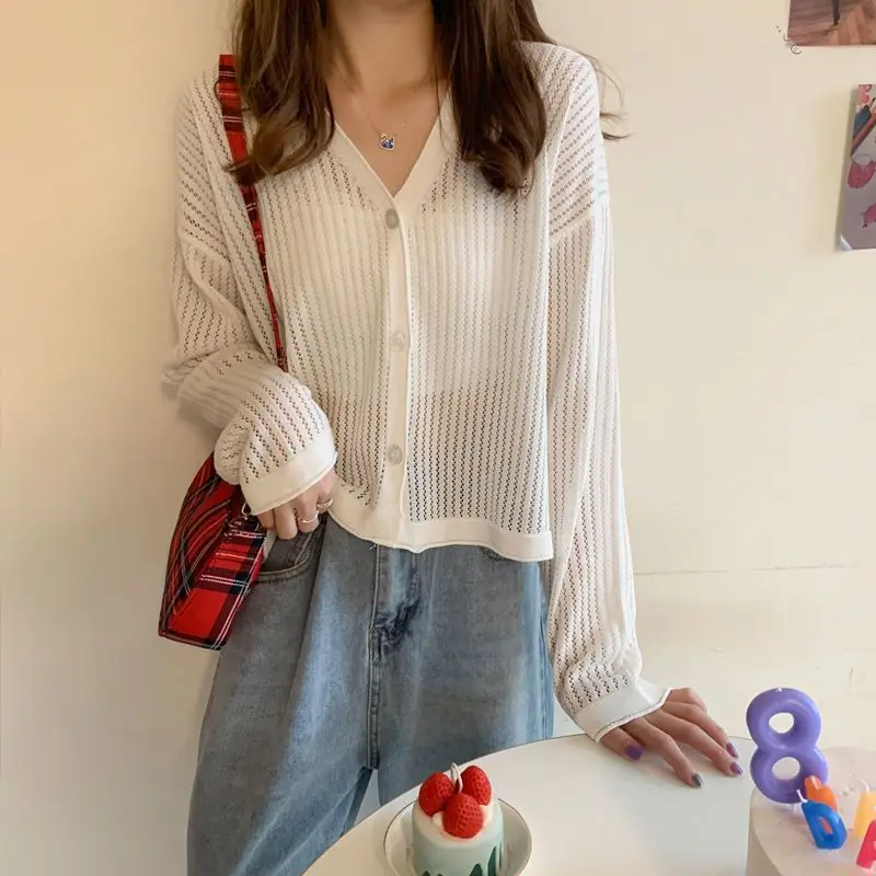 Women Clothing Fashion V-neck Hollow Out Long Sleeve Shirts Summer Casual Loose All-match Solid Blouses Thin Knit Sunscreen tops