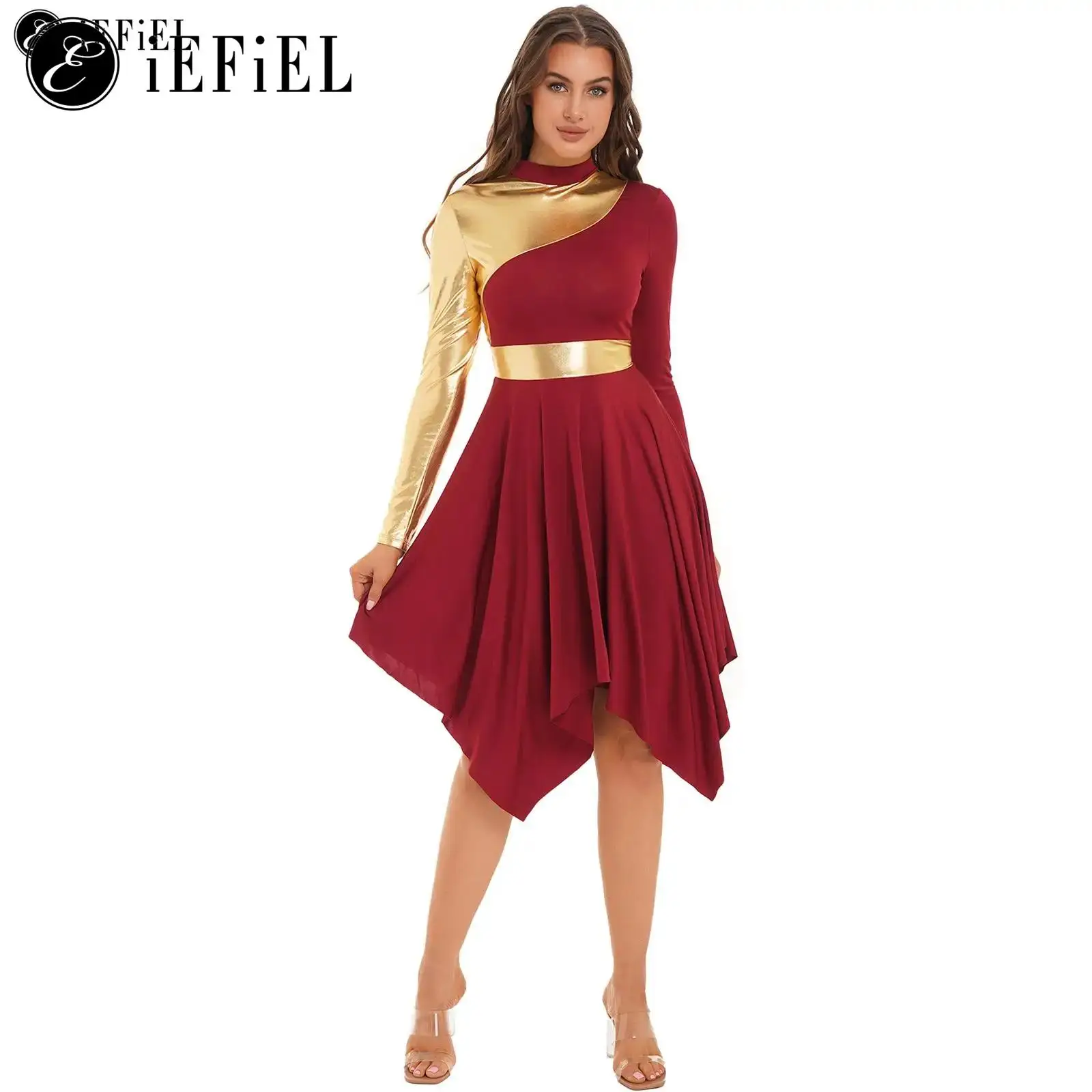 

Женское металлическое платье с длинным рукавом, платье с асимметричным подолом