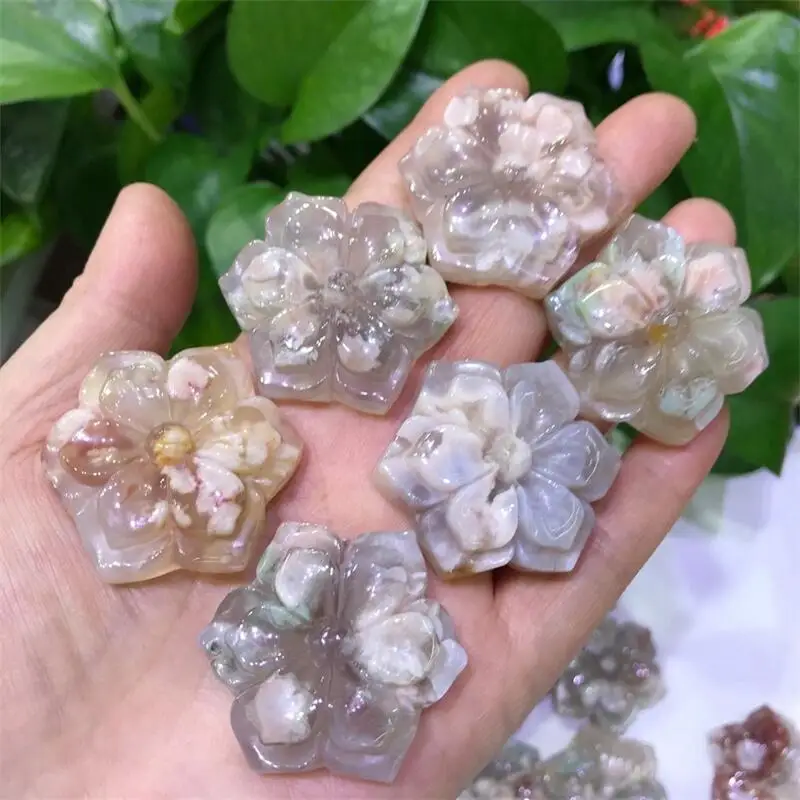 1pc Natural Flower Agate Cherry Blossom Agate Sakura Agate Rose Flower Quartz Crystal Hand Craved Stones and Minerals