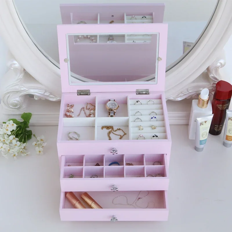 Multi-Layer Wood Jewelry Box Large Luxury Organizer for Girls Earring Storage Spacious Jewelry Drawer