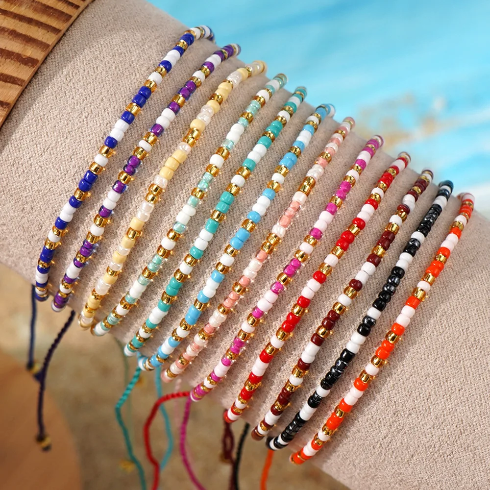 Rice bead bracelet Originality Gradient color Bohemia Hand knitting Adjustable Female Fashion Simple 12-pcs beaded bracelet set