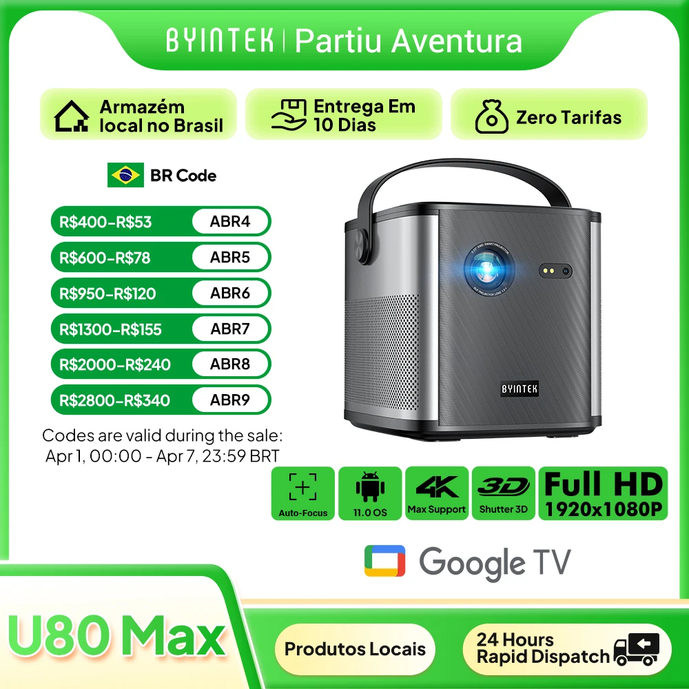 BYINTEK U80 Max Projector 3D 4K Cinema Android 11.0 WiFi Mini Portable 1080P Home Theater Video DLP Projector with Battery