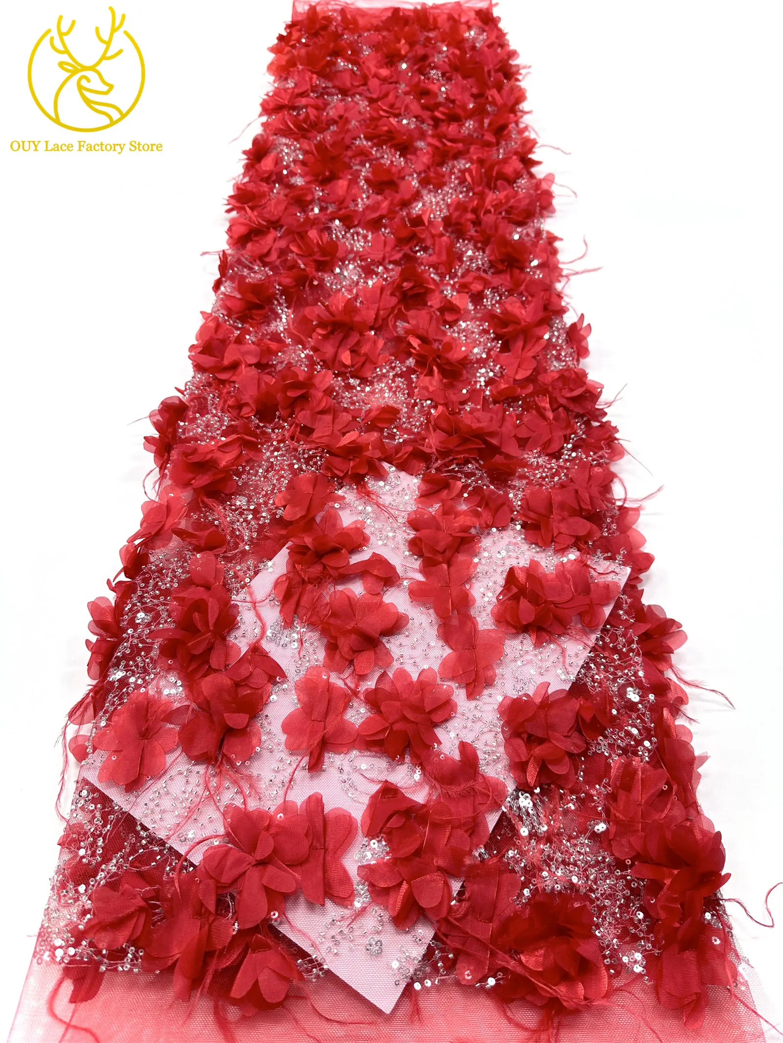 Exquisite 3D-Applikation Französische Pailletten Tüllspitze 2026 Hochwertige Perlenbesetzte Afrikanische Spitze Rotes Nigerianisches Hochzeits-Abendkleid – Detail 29