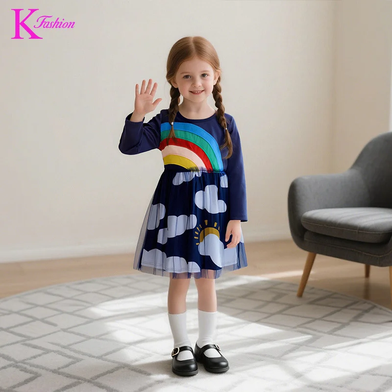 

Mesh Girls' Princess Dress 2025 New Children's Dress 2-7Y Patchwork Toddler Kids Clothing