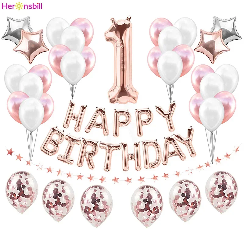 New First Happy Birthday Balloons Foil Number Ballon Banner 1st Baby Boy Girl Party Decorations My 1 One Year Supplies Rose Gold