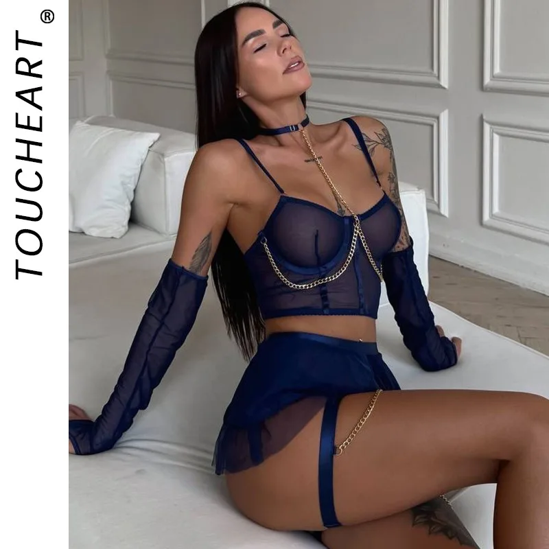 

Toucheart 4PCS Solid Color Mesh Sexy Underwear Set Skinny Hollow Out See-through Patchwork Leisure Thin Model Interesting Set