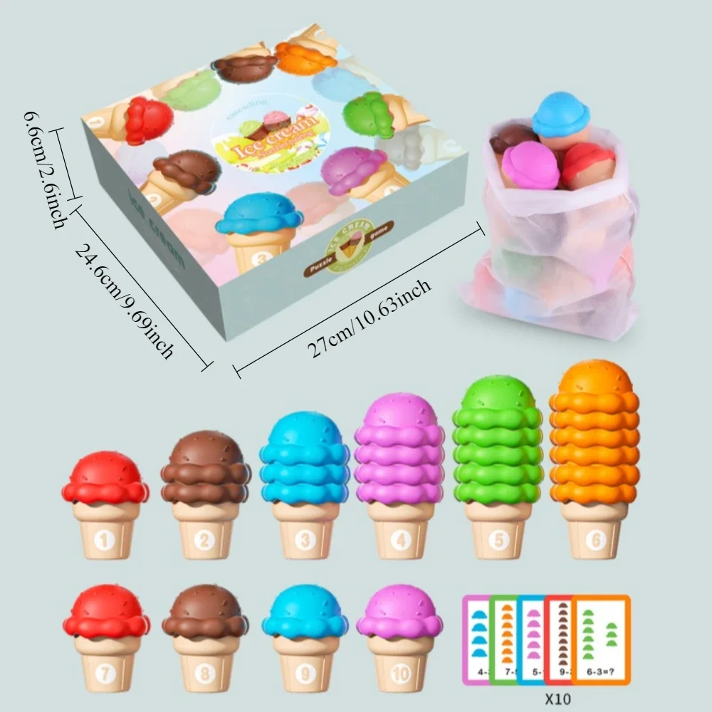 Eis-Stapel-Spiel für Kinder, sensorische Farbe, kognitives Zählen, Eiscreme-Spielzeug, Zahlen- und Farbsortierung, passendes Spielzeug für Jungen und Mädchen