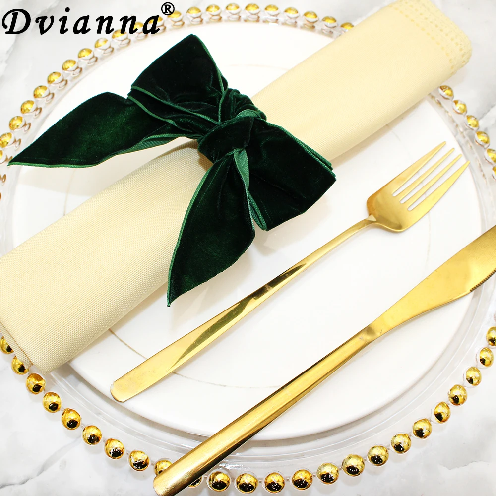 

24Pcs Green Bow Napkin Rings Handmade Velvet Serviette Buckles Holder for Christmas Holidays Dinners Party Decorations HWW57