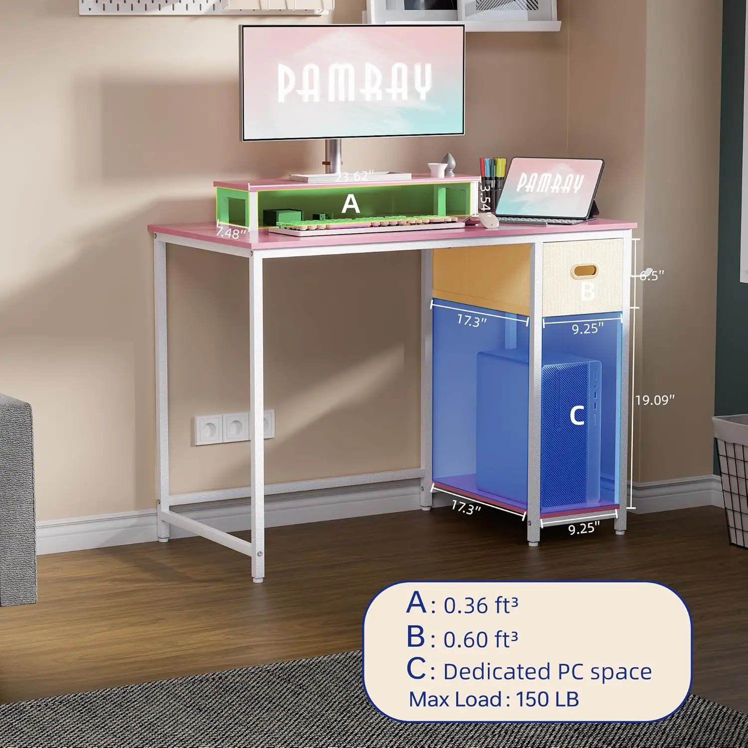 39-Inch Pink Computer Desk with Monitor Stand, Storage Drawer, Adjustable Feet for Home Office Study