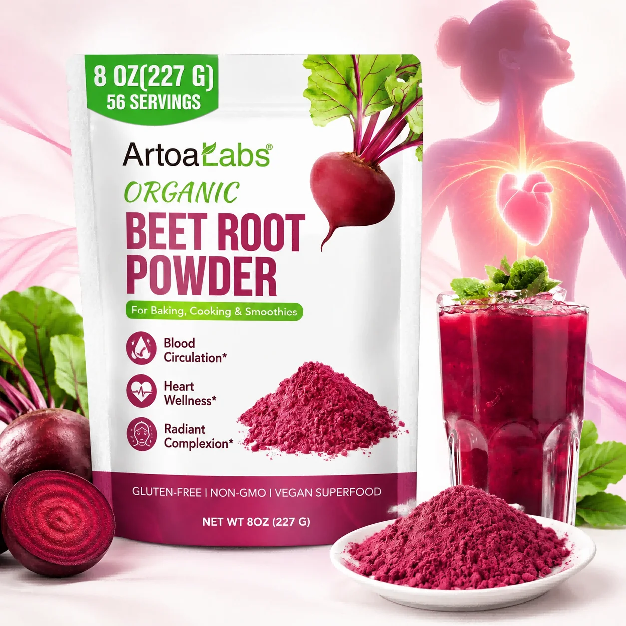 Organic Beet Root Powder Blood Circulation Heart Wellness Stamina Boost Radiant Complexion Metabolism Antioxidant 8 OZ 227 G
