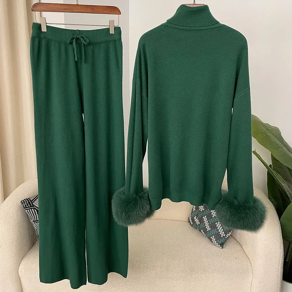 หนาธรรมชาติขนสุนัขจิ้งจอกจริง Cuffs เสื้อกางเกงยาวชุดเสื้อ 2024 ใหม่แฟชั่นฤดูใบไม้ร่วงฤดูหนาวถักเสื้อกันหนาวผู้หญิง