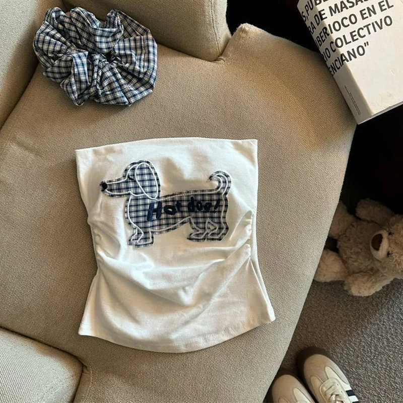 Jednoczęściowy top damski bez ramiączek, z haftem psa, w 3 kolorach, wyprzedaż specjalna, piękny, obcisły, casualowy, z wkładką na biust.