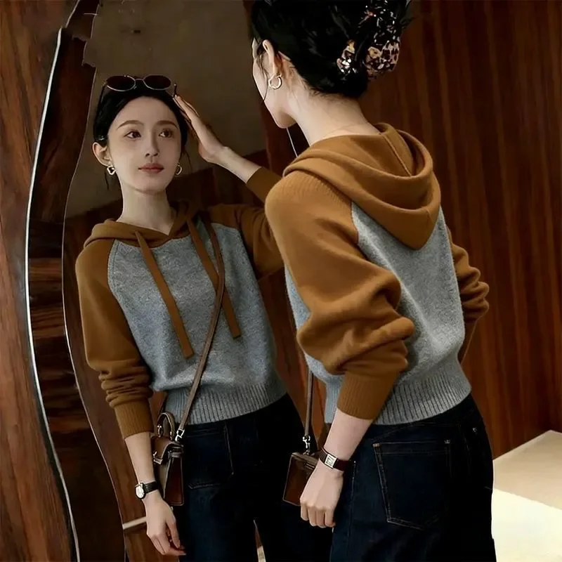 

Hooded Patchwork Pullover Sweater For Women Casual Office Wear With Raglan Sleeve And Spliced Design Autumn Winter Style