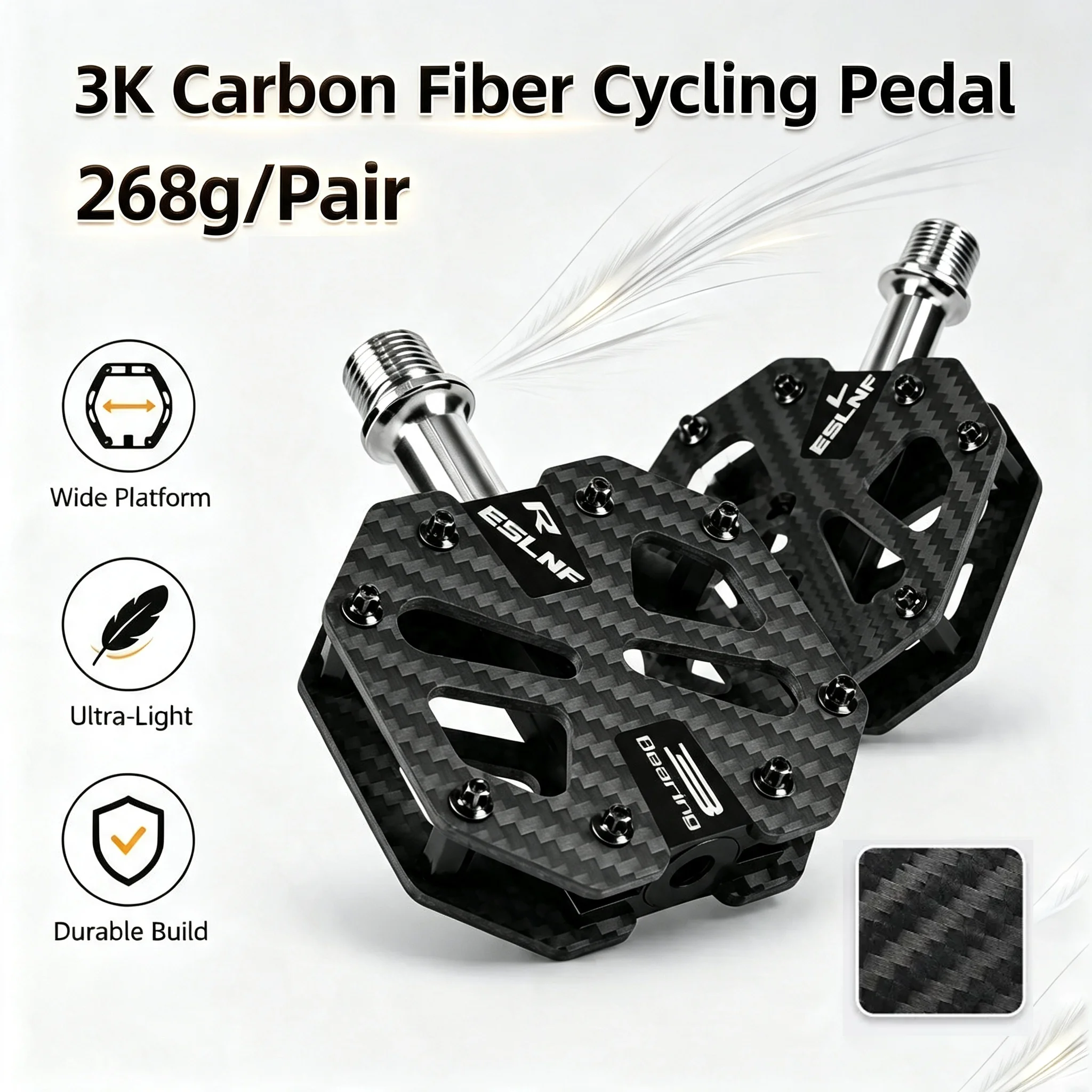 Image of Ultraleichtes, Langlebiges 3K Carbonfaser-Fahrradpedal mit 3 Gelenklagern für Mountainbikes, Rutschfestes Rennrad-Flachpedal