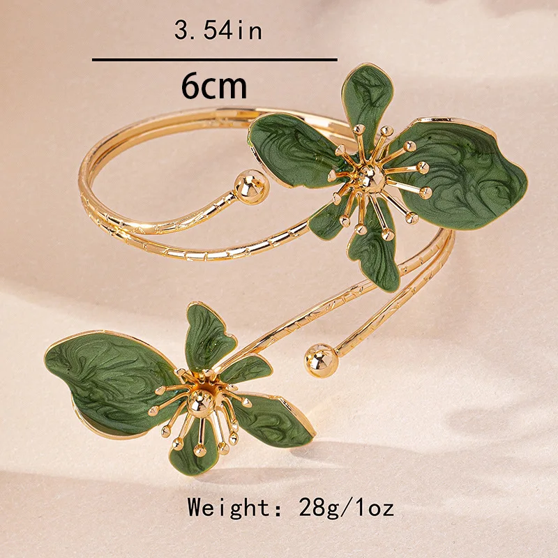 Liffly Elegant Enamel Flower Arm Cuff Open Bangles Bracelet for Women Gold Color Metal Floral Armlet Bracelets Party Jewelry