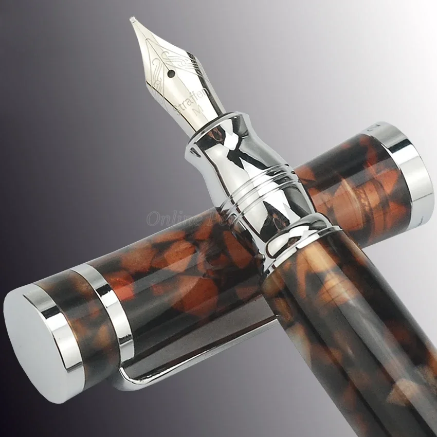 Fuliwen Brown Maple Leaf Celluloid And Metal Barrel Fine Nib Silver Trim Fountain Pen Professional Ink Pen Writing Tool