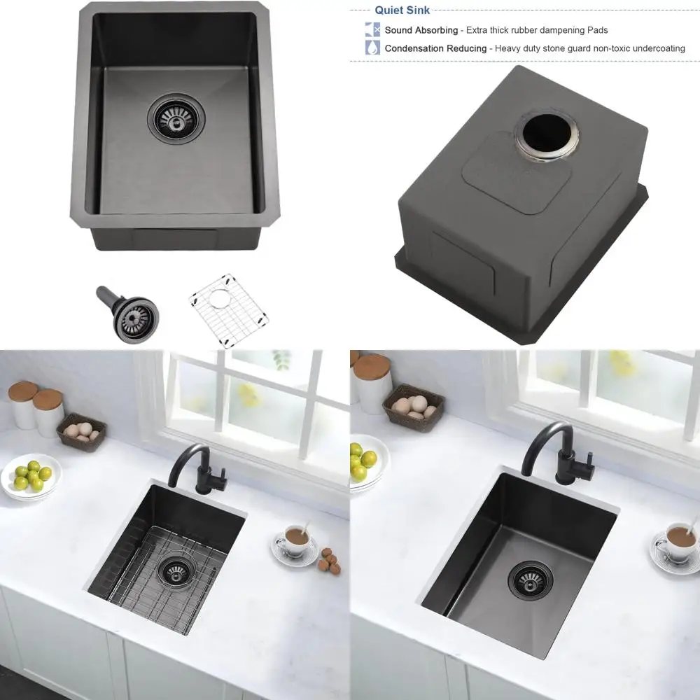 Fregadero de barra bajo montaje de acero inoxidable, 12x16 pulgadas, calibre 16, acabado negro, fregadero de preparación de barra de cocina con lavabo pequeño para