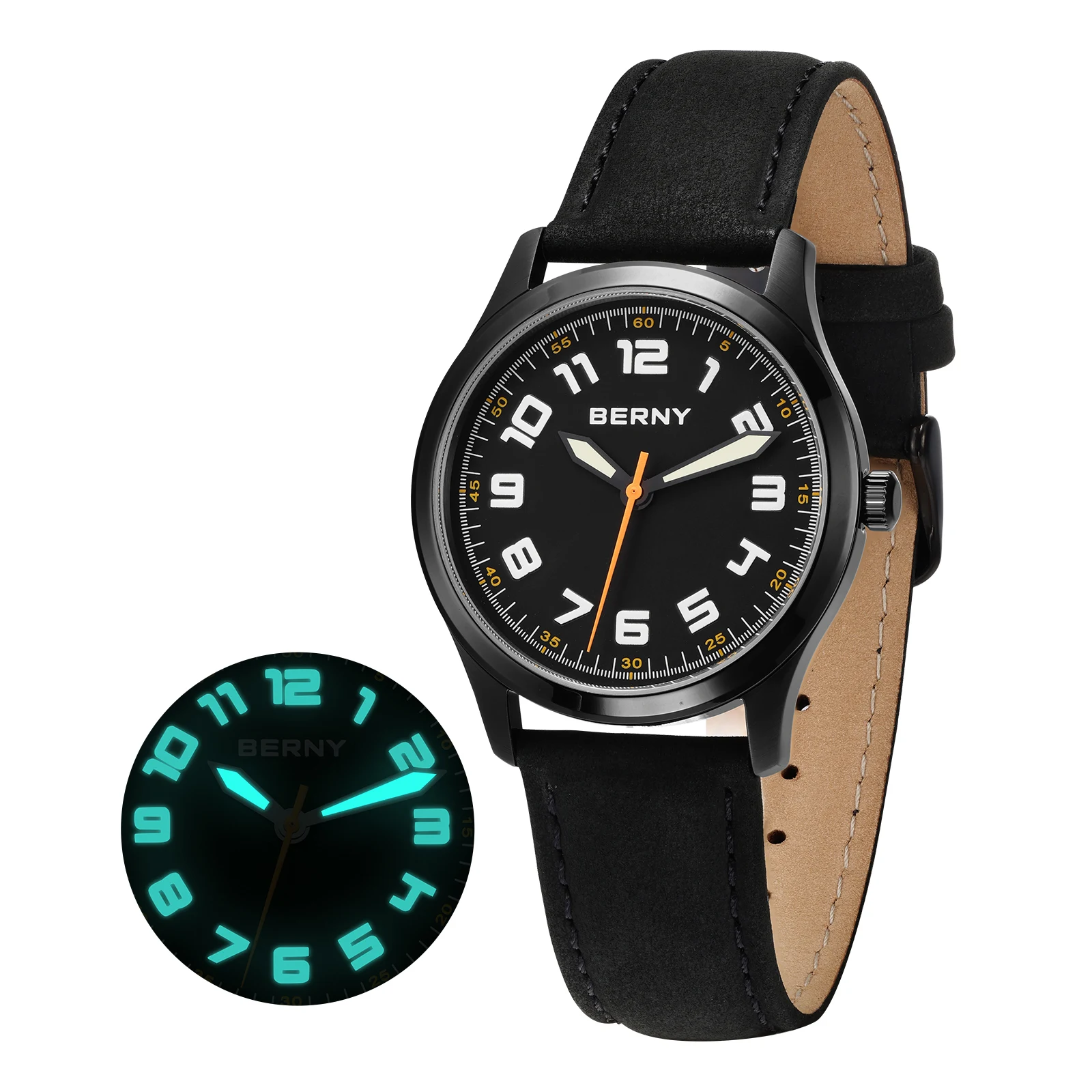 BERNY Men's Quartz Watch Top Precision Miyota 2035 Luminous Leather Strap Sapphire Coated Waterproof Fashion Men's Wristwatch