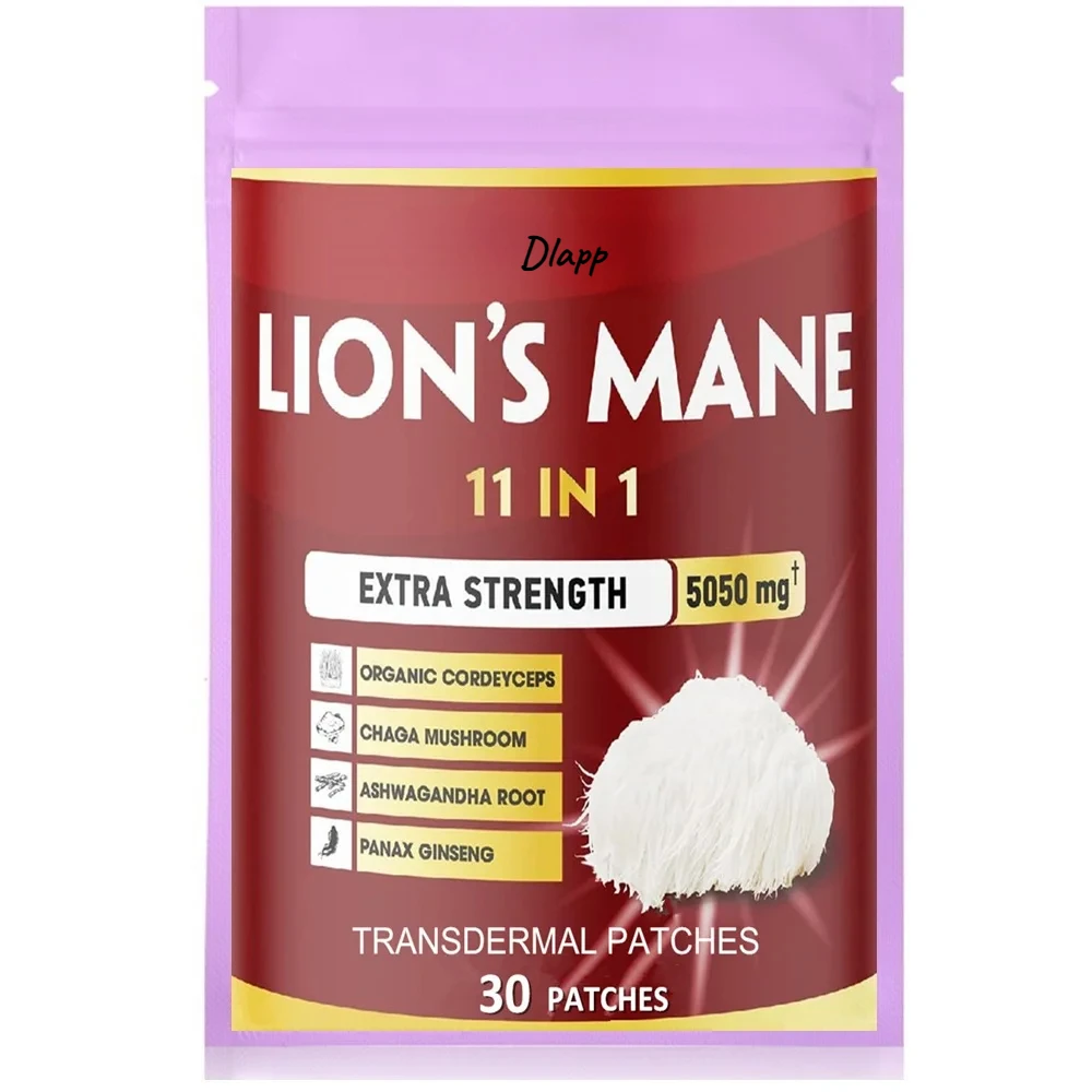 30 Patches11 in 1 Lions Mane Mushroom Transdermal Patches with Cordeyceps, Reishi, Ashwagandha Focus Memory Brain Support