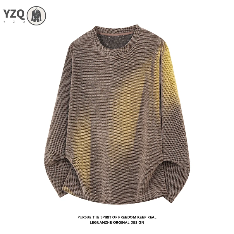 Male Crew Neck Long Sleeve Knit Pullover Gradient Washed Texture Soft Woven Cloth For Multi Occasion Street Bottom