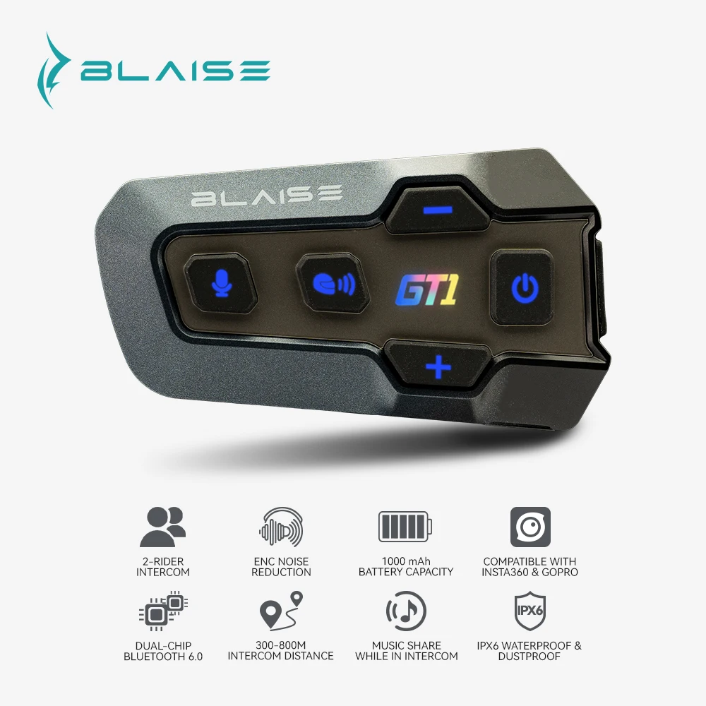 BLAISE GT1 Motorrad-Bluetooth-Headset, Intercom-Kommunikation mit 1000 m Reichweite, Dual-Bluetooth 6.0, Musik-Sharing & Audio-Mixing, Hi-Fi-Stereo-Sound, IPX6 wasserdicht, 1000-mAh-Akku