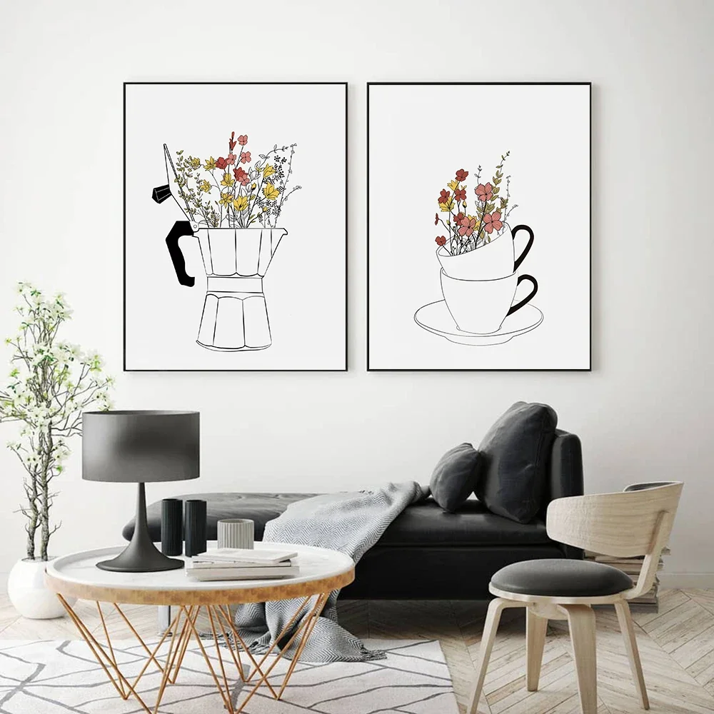 

Coffee Lover Canvas Painting, Cups and Flowers, Modern Nordic Wall Art, Posters for Livingroom, Coffee Shop, Kitchen, Home Decor
