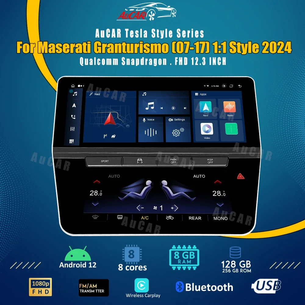 AuCar 12.3 Inch Big Screen Car Radio Android 12 GPS Navigation Head Unit For Maserati Granturismo (07-17) 1:1 Style 2024