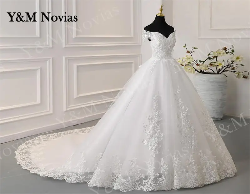 Y&M Novias Off Shoulder Plus Size Vestido De Noiva 2024 Wedding Dress Train or Floor Custom Made Plus Size Bridal Tulle Mariage