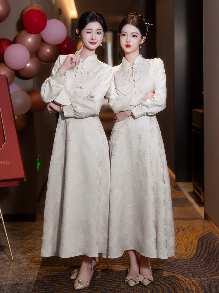 

Новая женская зимняя юбка-миди цвета шампань с длинным рукавом, в стиле ретро, с завышенной талией, из полиэстера, для церемоний