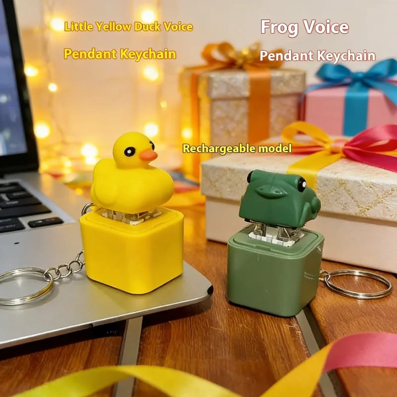 Funny Croaking Frog/Duck Keychain Rechargeable Keyboard Fidget Clicker with LED Light Stress Relief Toy Auditory Sensory Keyring