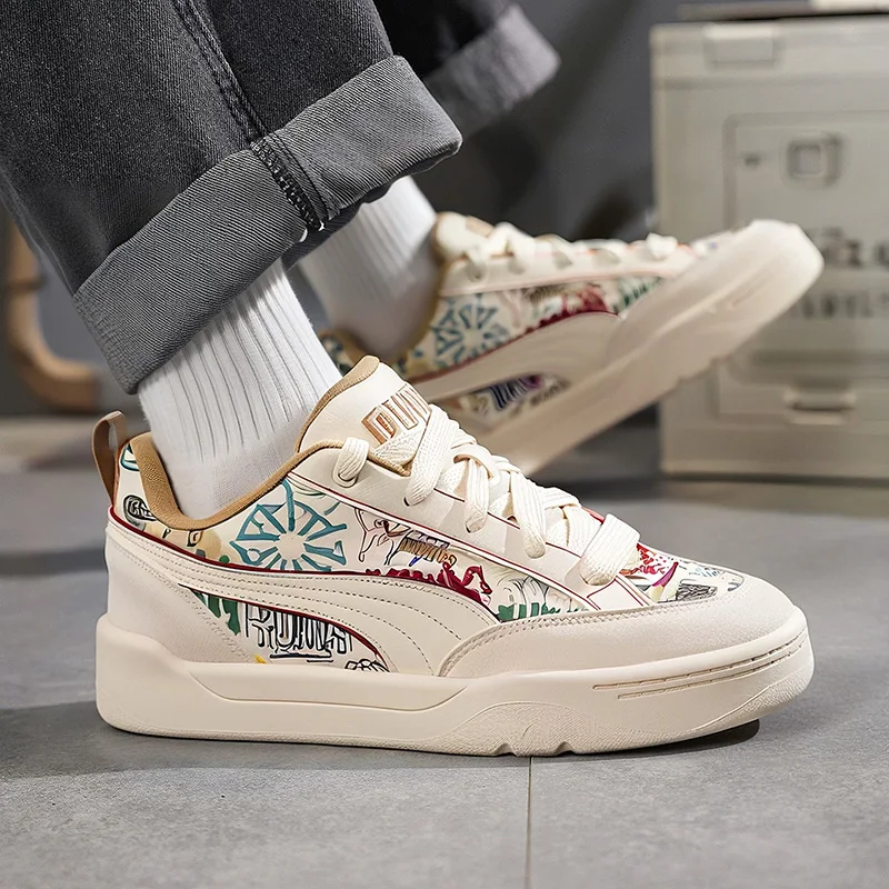 PUMA Off White Graffiti Print Suede Stitching Thick Sole Fashion Casual Skate Shoes 405258-02