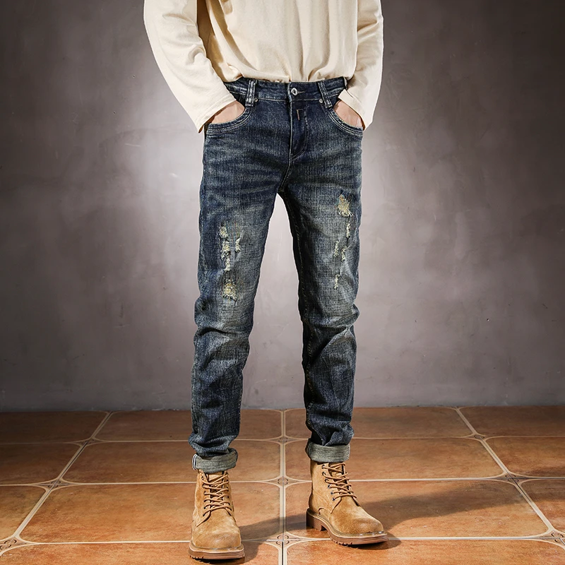 2025 Spring Autumn Trendy Ripped Hole Distressed Washed Denim Jeans for Men American Vintage Casual Slim Fit Stretch Pants
