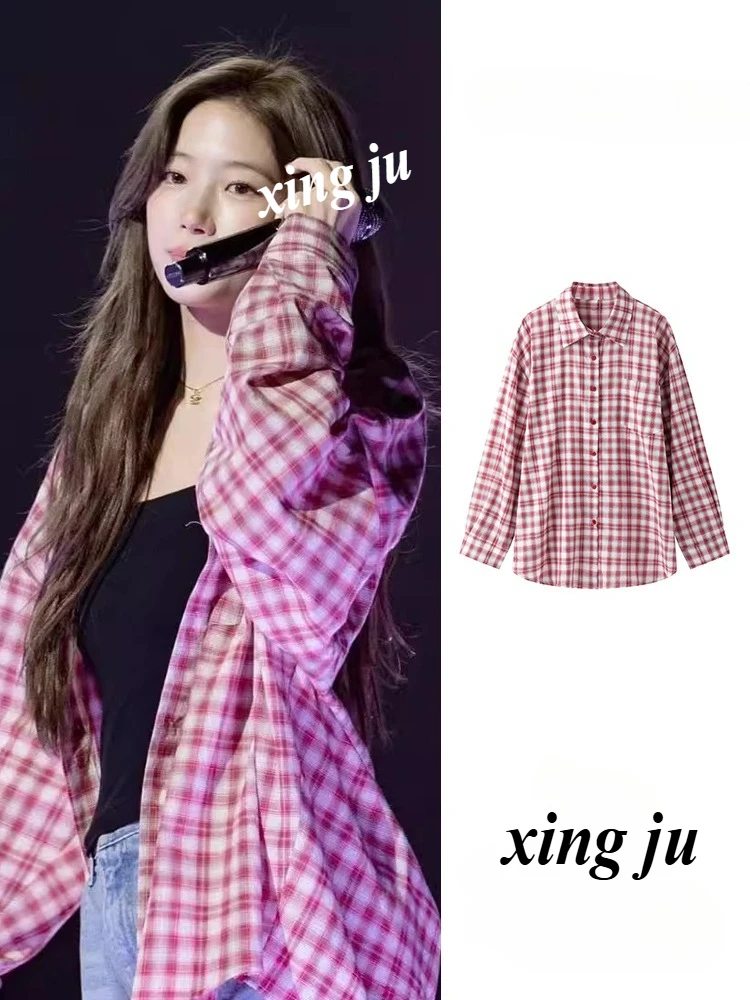 

Kpop Korean Singer Jazz Dance Pink Plaid Long-Sleeved Shirts Summer Loose Tops Women Street Hip Hop Stage Performance Costume